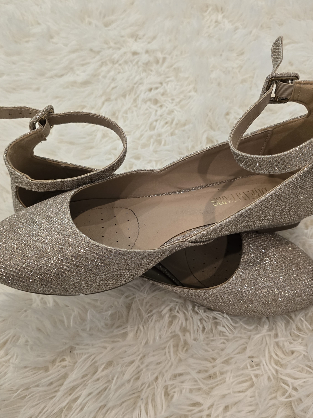 Multiples Glitter Ankle-Strap Pumps in Pale Gold